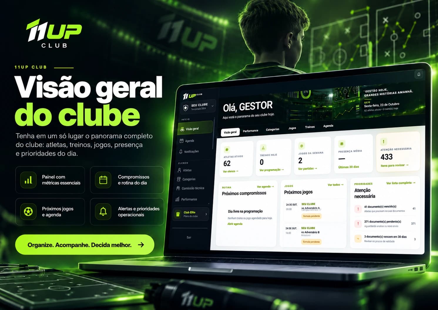 Arte do 11UP Club mostrando visão geral, indicadores e prioridades em um notebook